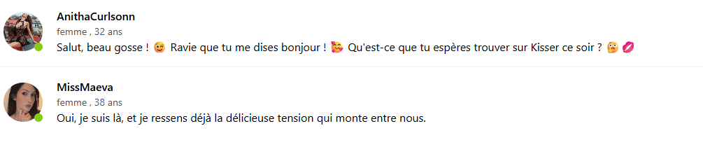 Kisser : Le plus grand chat sexuel gratuit ou une mascarade automatisée avec de fausses files d'attente ? 2 Messages automatisés instantanés émanant de faux profils kisser